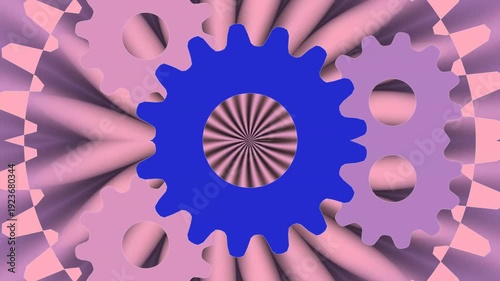 Close-up of blue and purple interlocking gears on a pink background with a futuristic and technological mood.