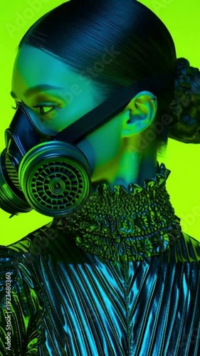 Futuristic woman in gas mask serving cyberpunk main character