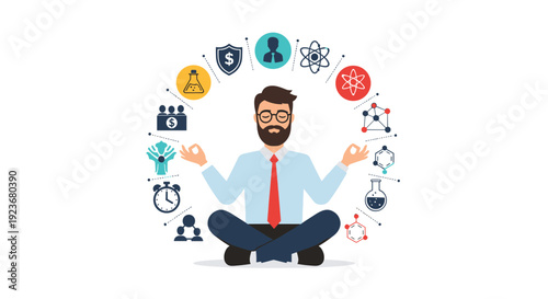 Professional man sits in a lotus meditation pose while surrounded by diverse icons representing business, science, and time management.