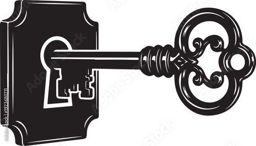 Vintage Key Unlocking a Door with Ornate Design Elements
