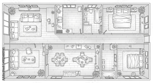 Architectural blueprint showcasing detailed layout of a modern residential building.