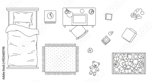 Bedroom furniture arrangement with bed, desk, rug, and other items in a room.