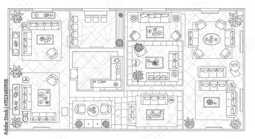 Detailed architectural blueprint showcasing interior and exterior design elements with precision.