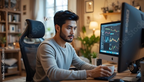 A young South Asian male freelancer working on a dual-monitor setup in a cozy, modern room, holding a cup of tea, warm ambient lighting, depth of field, sharp focus on the screen, commercial lifestyle