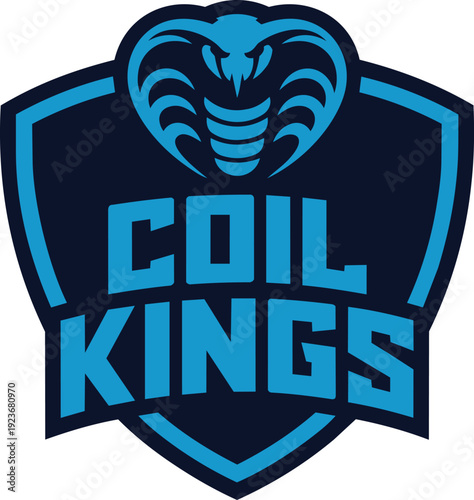 Coil kings cobra mascot logo design for sports gaming team with blue snake head on dark shield