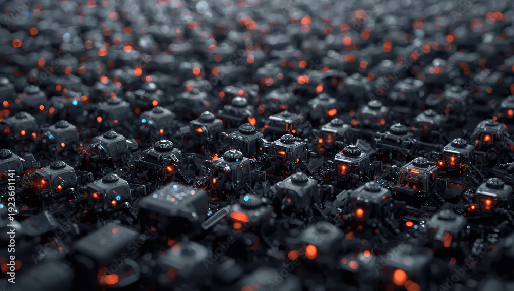 Fototapeta premium Futuristic miniature robotic grid with glowing orange and blue lights, high tech industrial