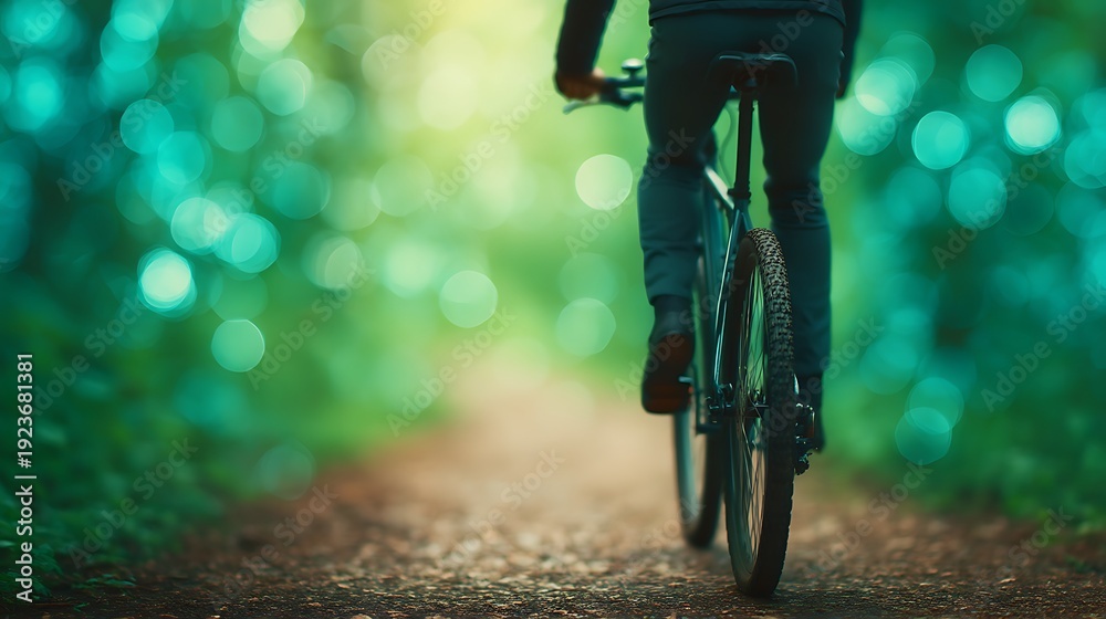 Naklejka premium A person rides a bicycle on a forest path surrounded by soft-focus greenery and bokeh light effects.
