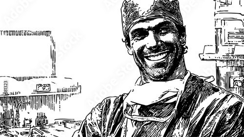 Smiling surgeon portrait healthcare clinic hospital interior. Hand drawn vector pencil sketch style in clean line style, friendly doctor in mask for medical branding and wellness materials.