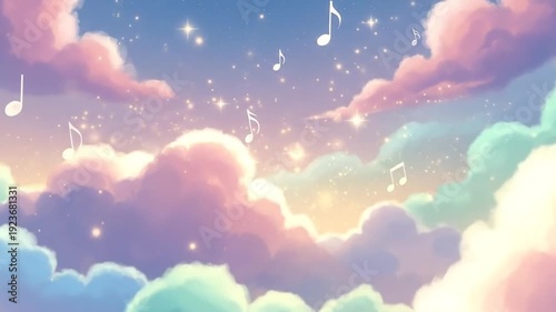 Dreamy fantasy sky with soft pastel clouds, twinkling stars, and floating musical notes, a whimsical background.