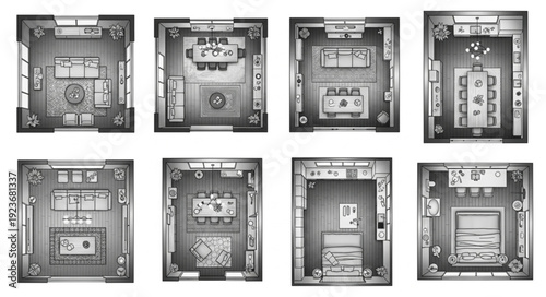 Overhead view of various rooms showcasing different interior designs and layouts.