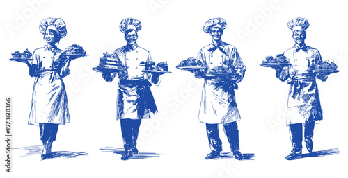 Pastry chef people holding desserts bakery characters. Group of confectioners serving cakes in vintage hand drawn line drawing style. Banner for confectionery branding and pastry shop promotion.
