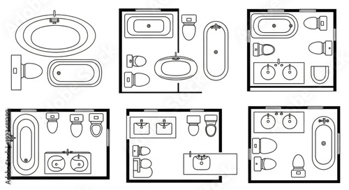 Bathroom Layouts - Architectural Floor Plans Showcasing Various Designs and Fixtures.