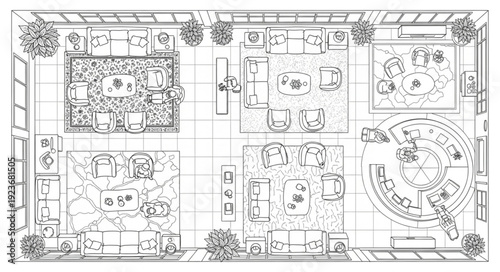 Architectural blueprint showcasing detailed layout of a modern building with various rooms and outdoor spaces.