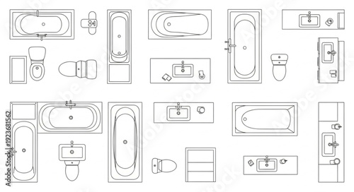 Bathroom layouts and designs showcasing various bathtub and toilet arrangements for architectural planning.