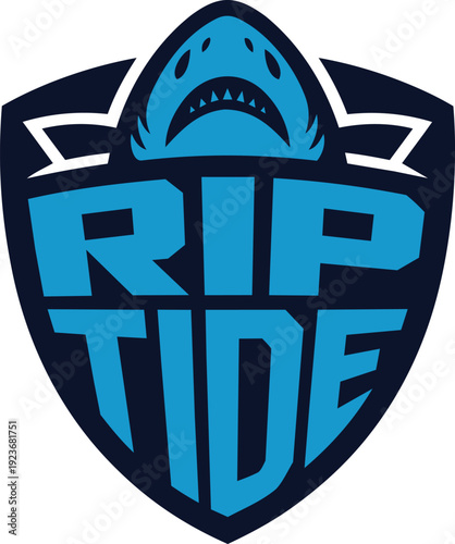 Rip tide shark emblem with shield for water sports team or aggressive ocean theme logo