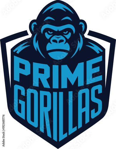Prime gorillas esports mascot logo with powerful ape head profile inside a blue shield frame