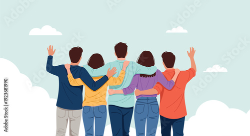 Group of five friends stands together with their arms around each other looking at a bright future against a soft cloudy sky background.