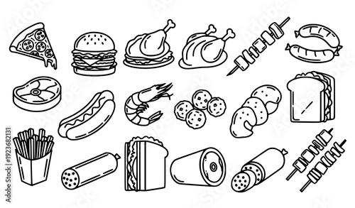 Decorative food line icon collection with pizza, meat, seafood, and fast food isolated on transparent background