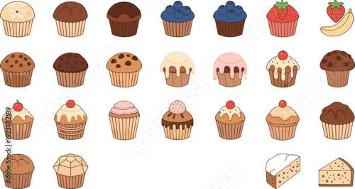 Cupcake and Muffin Variety Collection with Chocolate, Vanilla, Berry and Cream Toppings Isolated on White Background