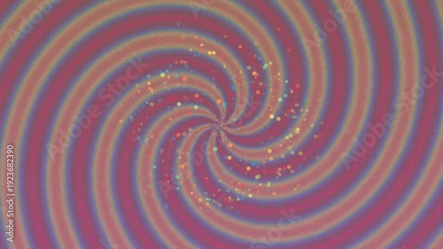 Vibrant spiral pattern with colorful stripes and shimmering dots on a pink and purple background