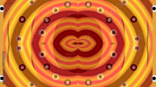 Vibrant abstract circular pattern with concentric rings and dots in warm colors on a white background