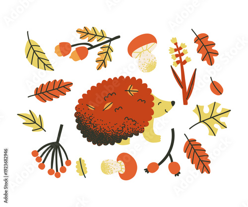 Funky hedgehog with mushroom and autumn leaves. Cute hand drawn character illustration.