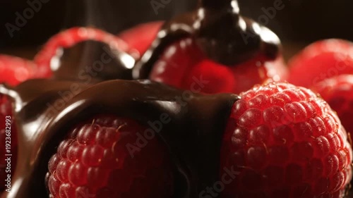 Close-up of melted dark chocolate sauce pouring over fresh red raspberries