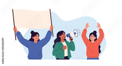 Group of passionate women participates in a public protest with one holding a blank banner and another using a megaphone to speak.