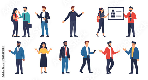 Set of diverse male and female characters in professional business attire are shown in various communicative and work-related poses.