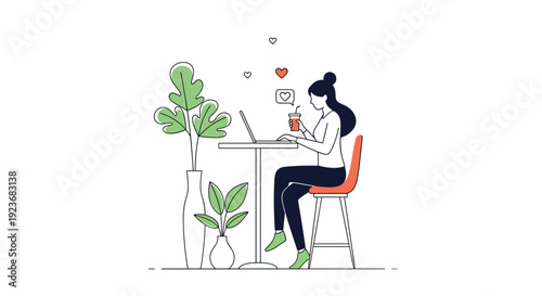 Young woman works on her laptop at a small cafe table decorated with plants while enjoying a drink in a peaceful modern atmosphere.