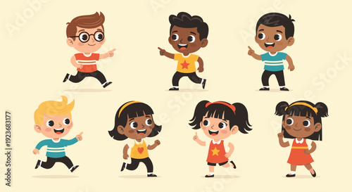 Group of happy, diverse children run and point towards something exciting in a playful illustration with warm background colors.