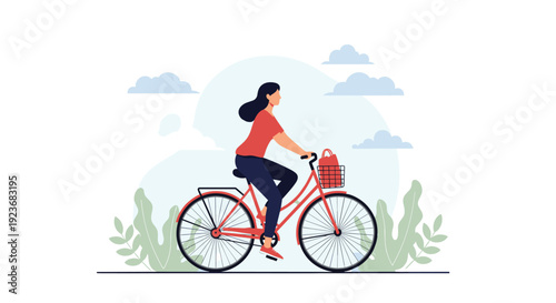 Active woman rides a red bicycle with a front basket through a scenic outdoor environment with stylized clouds and green plants.