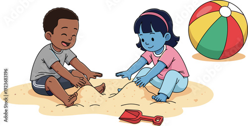 Two happy diverse children playing in sand with shovel and beach ball for summer vacation concept and outdoor childhood activity isolated on white background