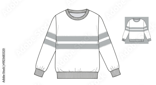Technical fashion sketch shows a long-sleeved crewneck sweatshirt with horizontal stripes on the chest and arms in a flat drawing style.