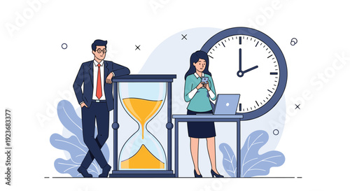 Man and woman in professional attire stand next to a large hourglass and a clock to symbolize time management and project deadlines.