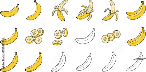 Banana Set with Whole, Peeled and Sliced Fruit Variations in Color and Outline Style Isolated on White Background