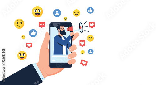 Modern influencer marketing and social media engagement concept with man holding megaphone on smartphone screen and floating emojis.