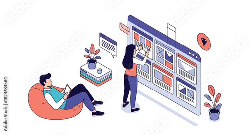 Professional web design and development team working on user interface layouts with isometric people using various digital devices.