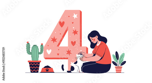 Kind young woman petting her friendly pet cat while sitting on the floor next to a large decorative number four decorated with hearts.