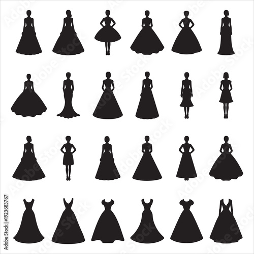 Elegant Wedding and Evening Dress Silhouette Vector Set Formal Gown