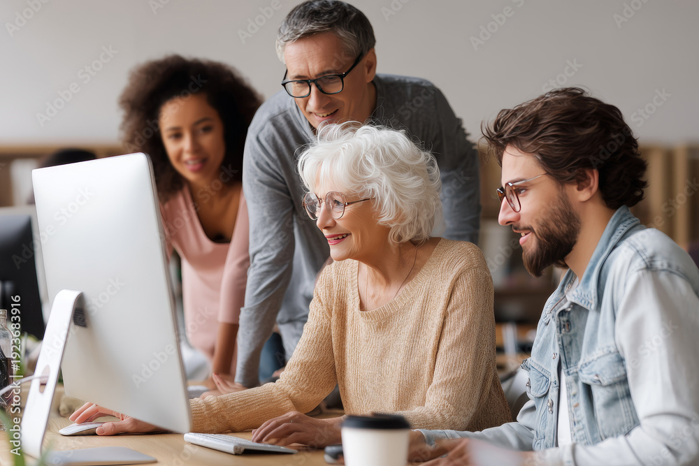 Fototapeta premium Senior female professional using a desktop computer while collaborating with a group of young adults in a creative workspace highlighting mentorship and digital inclusion in the workplace