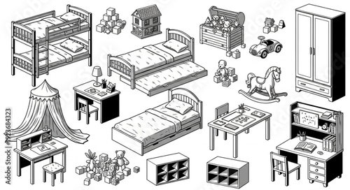 Collection of various childrens furniture and accessories in a detailed illustration.