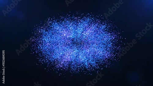 Abstract blue and purple particle explosion on dark background, expanding and contracting with glowing light effect, digital motion graphic