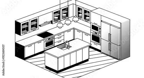 Modern kitchen design with island, cabinets, and appliances in grayscale.