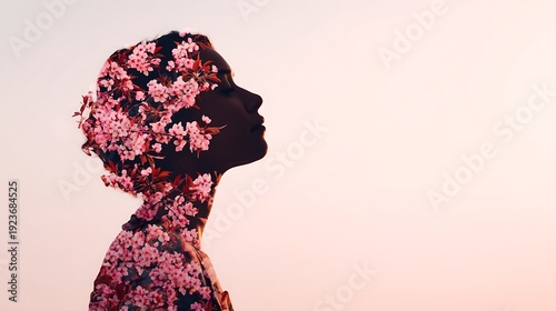 Silhouette of a woman filled with blooming pink flowers symbolizing beauty, nature, and harmony in a soft pastel background.