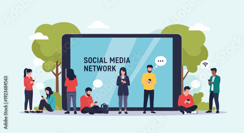 Diverse people interacting with digital devices in a social media network concept with giant tablet and green park background.