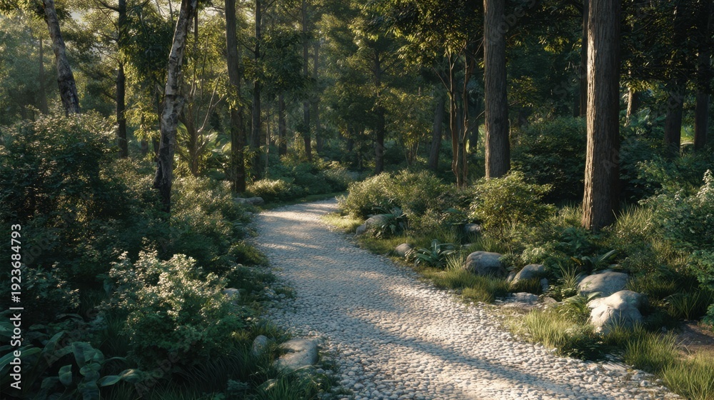 Obraz premium Cobblestone path winding through a serene forest with lush green trees and foliage. Nature walk for tranquil travel and exploration.