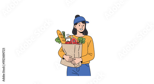 Happy and smiling woman in a blue cap carrying a large brown paper grocery bag filled with various fresh food items and bread.