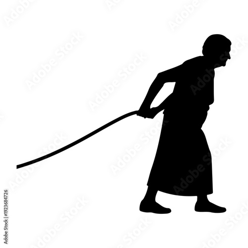 Elderly Woman Silhouette Pulling Rope, Vector Illustration Flat Design