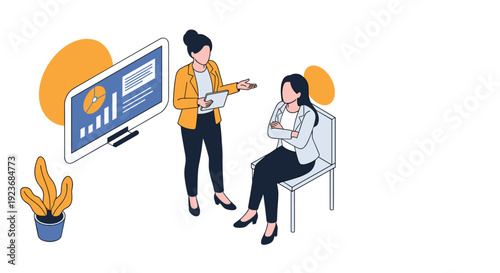 Professional business consulting and data analysis meeting with female professionals discussing reports on a large digital screen.